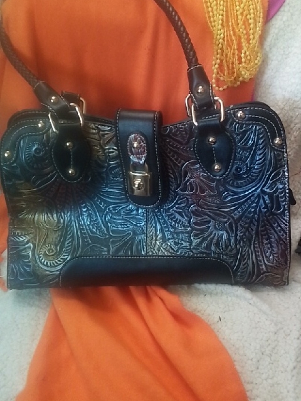 Marc Chantal Embossed Floral Satchel Handbag - Black
